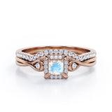Cushion Halo Prong - 0.85 TCW Princess Cut Moonstone and Moissanite - Infinity Split Shank Wedding Ring Set -  White Gold