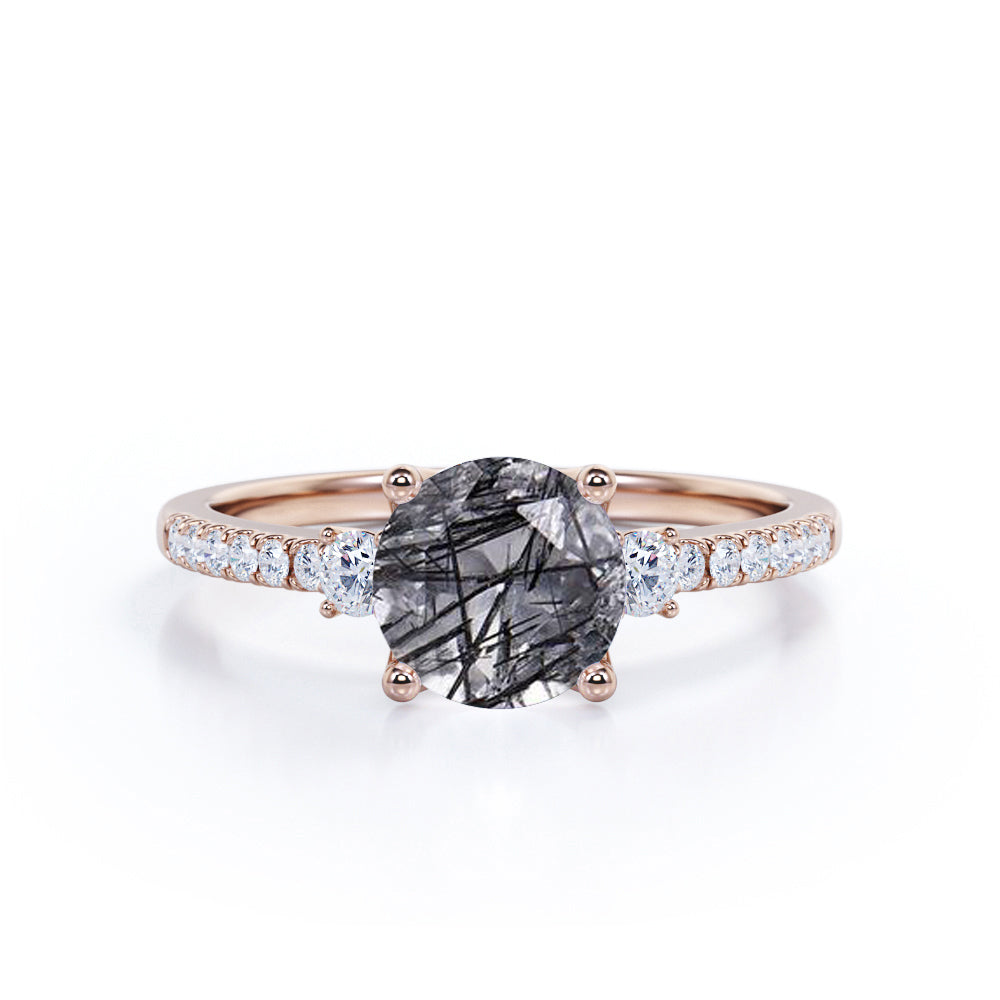 Three Stone Prong Setting 1.50 Carat Round Cut Smoked Black Rutilated Quartz and Diamond Pave Engagement Ring