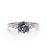 Three Stone Prong Setting 1.50 Carat Round Cut Smoked Black Rutilated Quartz and Diamond Pave Engagement Ring