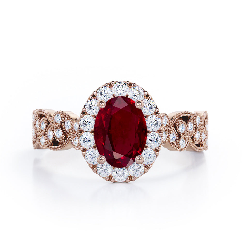 Milgrain Leaf 0.9 carat Oval Lab Ruby and Diamonds Nature-Inspired Engagement Ring in White Gold