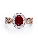 Milgrain Leaf 0.9 carat Oval Lab Ruby and Diamonds Nature-Inspired Engagement Ring in White Gold