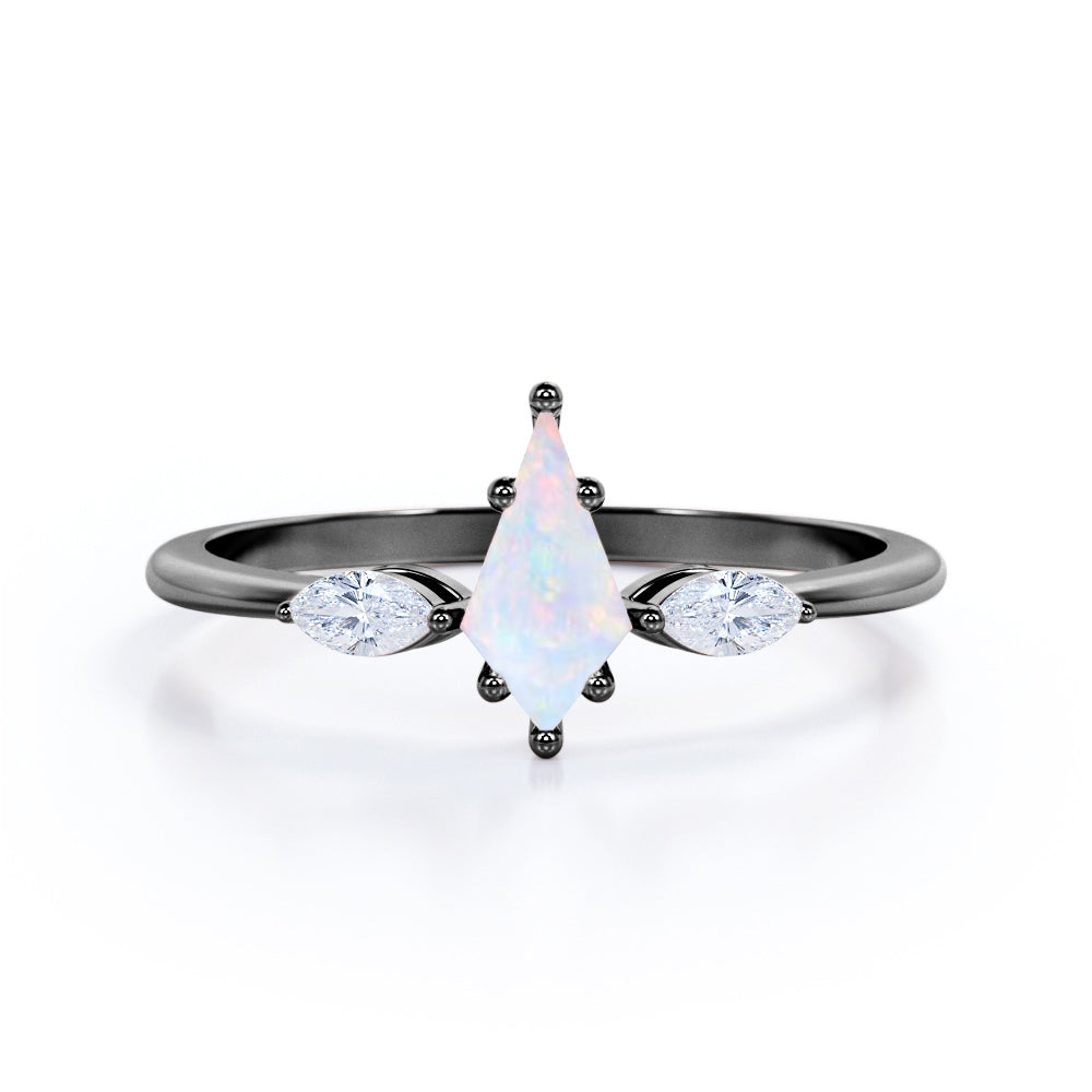 Trillion Six Prong 1.15 Carat Kite Shaped Natural Opal And Diamond Three Stone Basket Set Engagement Ring In Rose Gold