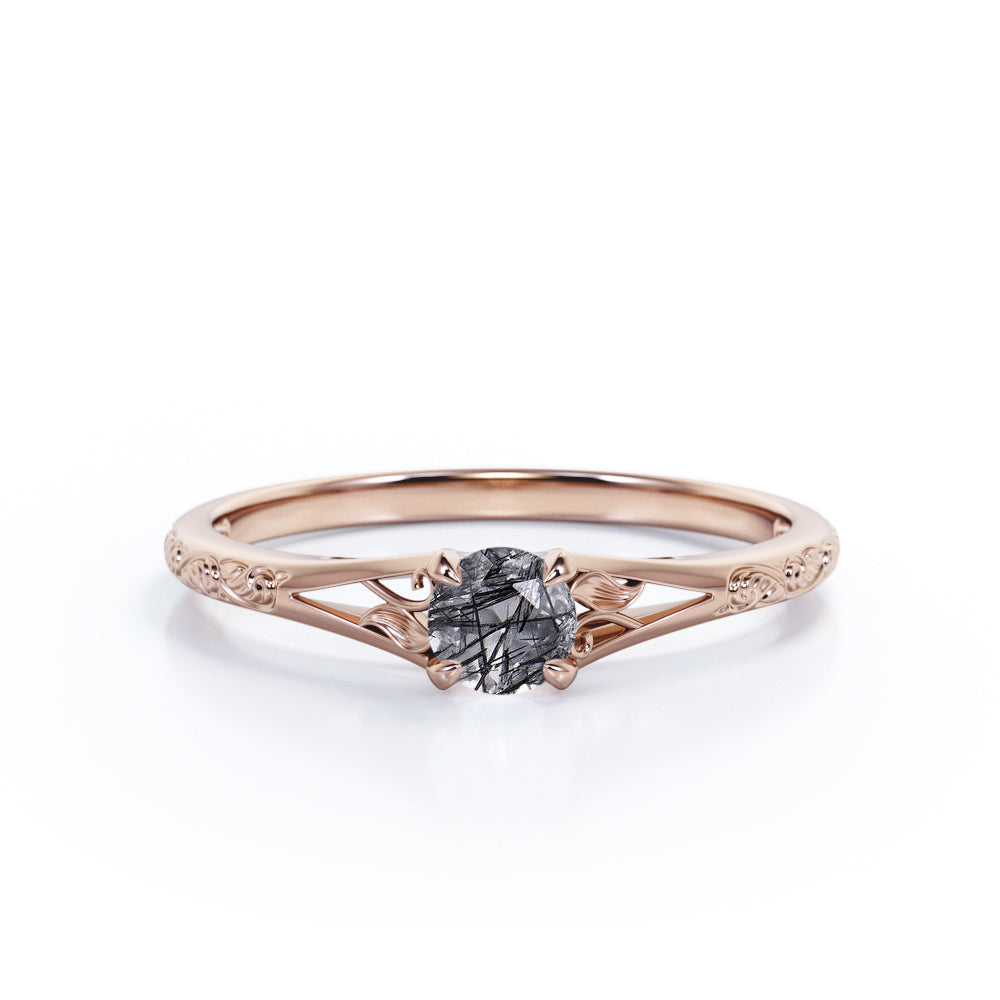 Filigree 0.33 ct Round Black Rutilated Quartz Solitaire Engagement Ring