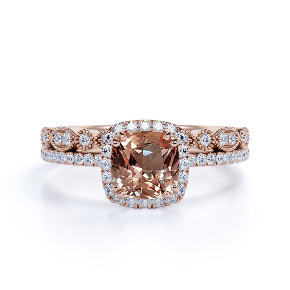 Halo 1.75 ct Cushion Morganite Art Deco Wedding Ring Set