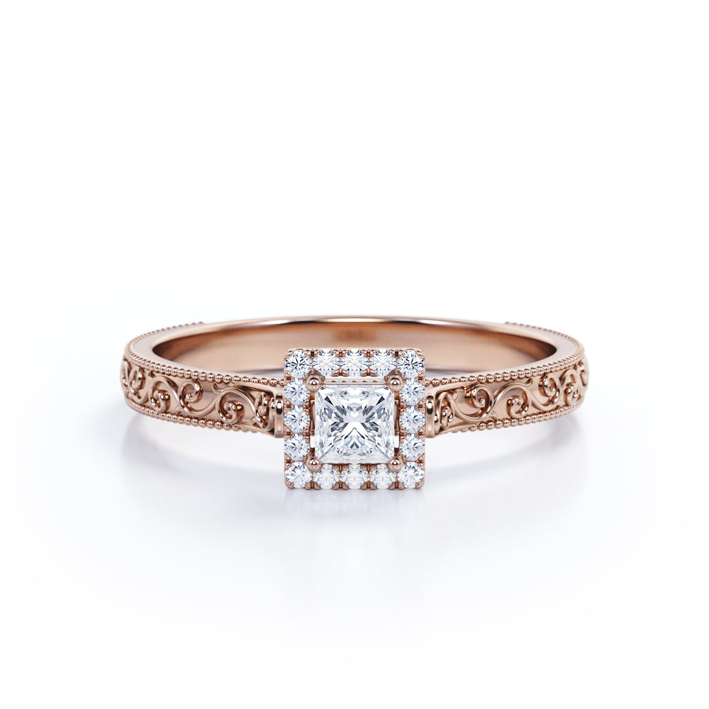 Antique 0.6 carat Princess Moissanite and Diamond Engagement Ring in White Gold - Anniversary gift, Birthday, Mother's day