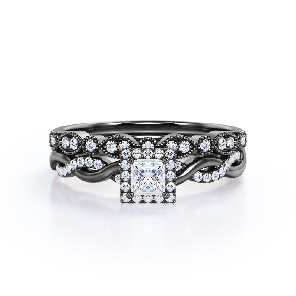 Art Deco Halo - 0.5 TCW Princess Cut Diamond - Semi Pave Crossover Wedding Set - 10K White Gold