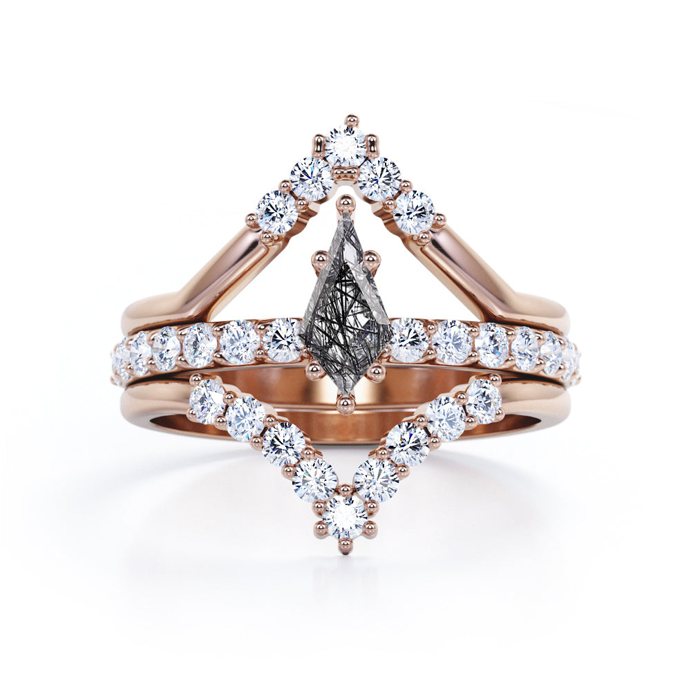 Chevron 1.45 Carat Kite Shaped Natural Black Rutilated Quartz And Diamond V Shaped Pave Set Trio Wedding Ring Set In White Gold
