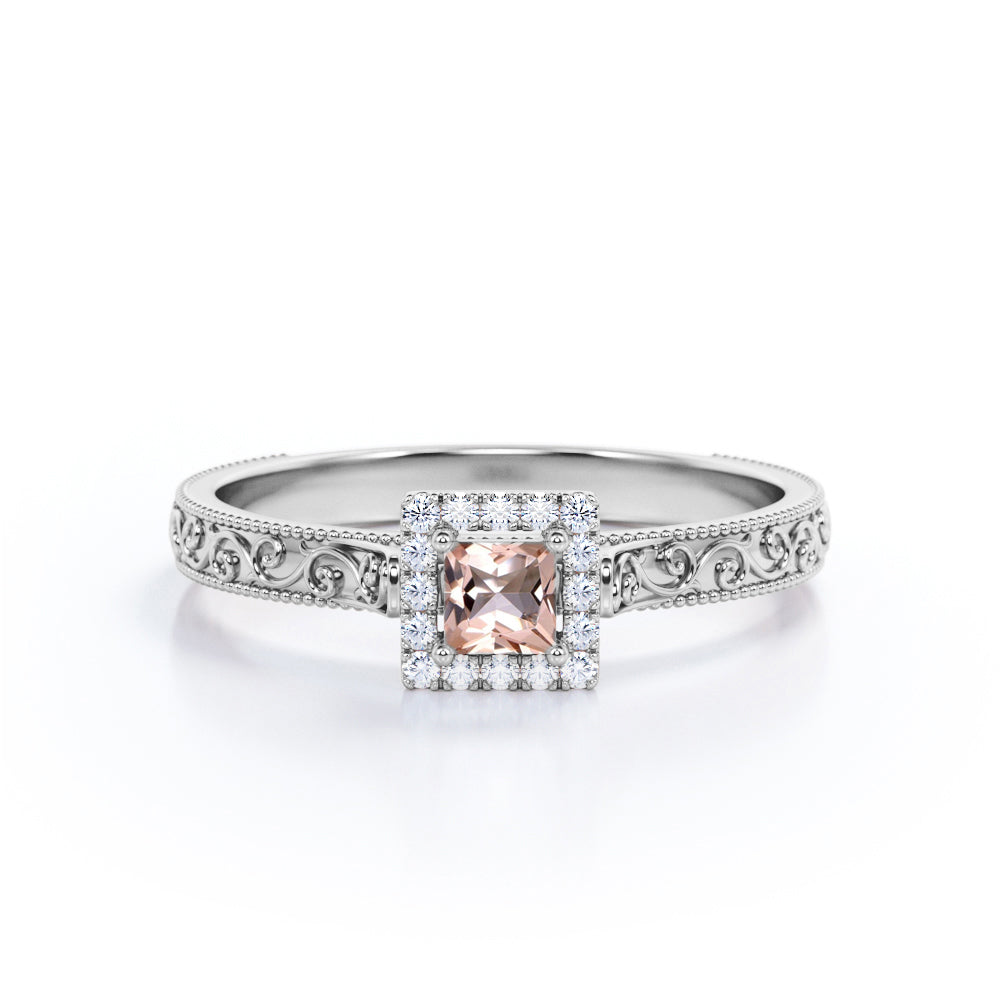 Antique Square Halo 0.65 carat Princess Morganite and Moissanite Halo Engagement Ring in Rose Gold