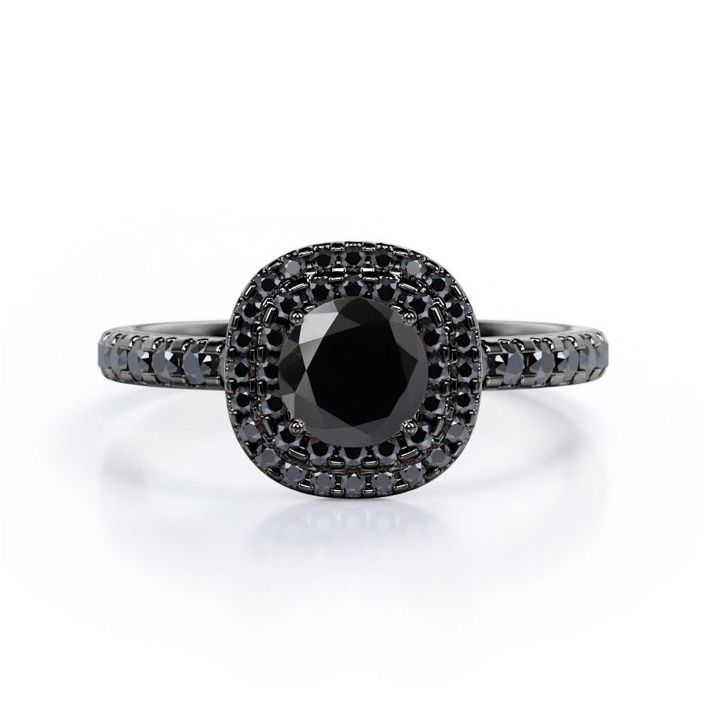 Cushion Double Halo - 1.5 TCW Round Cut Lab Created Black Diamond - Engagement Ring with Pave Accents in White Gold