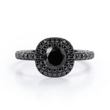 Cushion Double Halo - 1.5 TCW Round Cut Lab Created Black Diamond - Engagement Ring with Pave Accents in White Gold