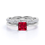 Plain Shank 2 Carat Princess Cut Lab Ruby Bridal Set with Diamond Infinity Wedding Band in White Gold