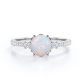 Hexagon Set 1.35 Carat Brilliant Round Ethiopian Opal And Diamond Pave Engagement Ring In White Gold.