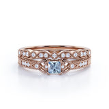 1.15 Carat Princess Cut Aquamarine And Diamond Vintage Milgrain Wedding Ring Set In White Gold