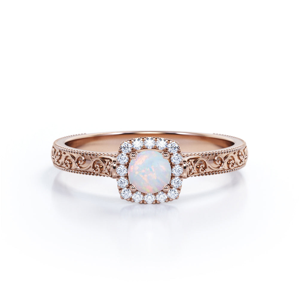 Antique Art Deco Style 1.10 Carat Round Cut White Opal And Diamond Halo Engagement Ring In White Gold