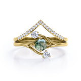 Three Stone Ring Twig-Inspired with 0.7 carat Round Moss Agate and Moissanite Wedding Ring Set in Rose Gold