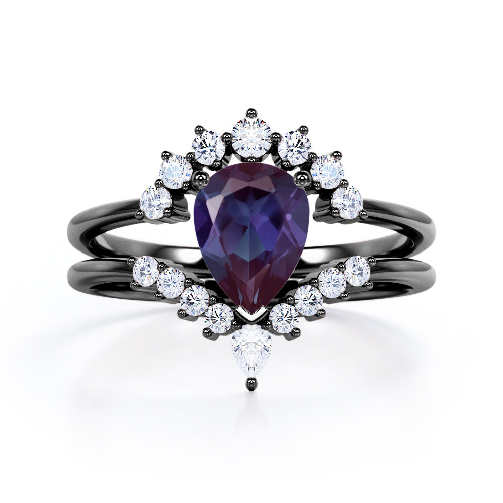 Tiara Design 1.40 Carat Pear Cut Lab Created  Alexandrite And Diamond Three Prong Unique Wedding Ring Set In White Gold