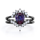 Tiara Design 1.40 Carat Pear Cut Lab Created  Alexandrite And Diamond Three Prong Unique Wedding Ring Set In White Gold