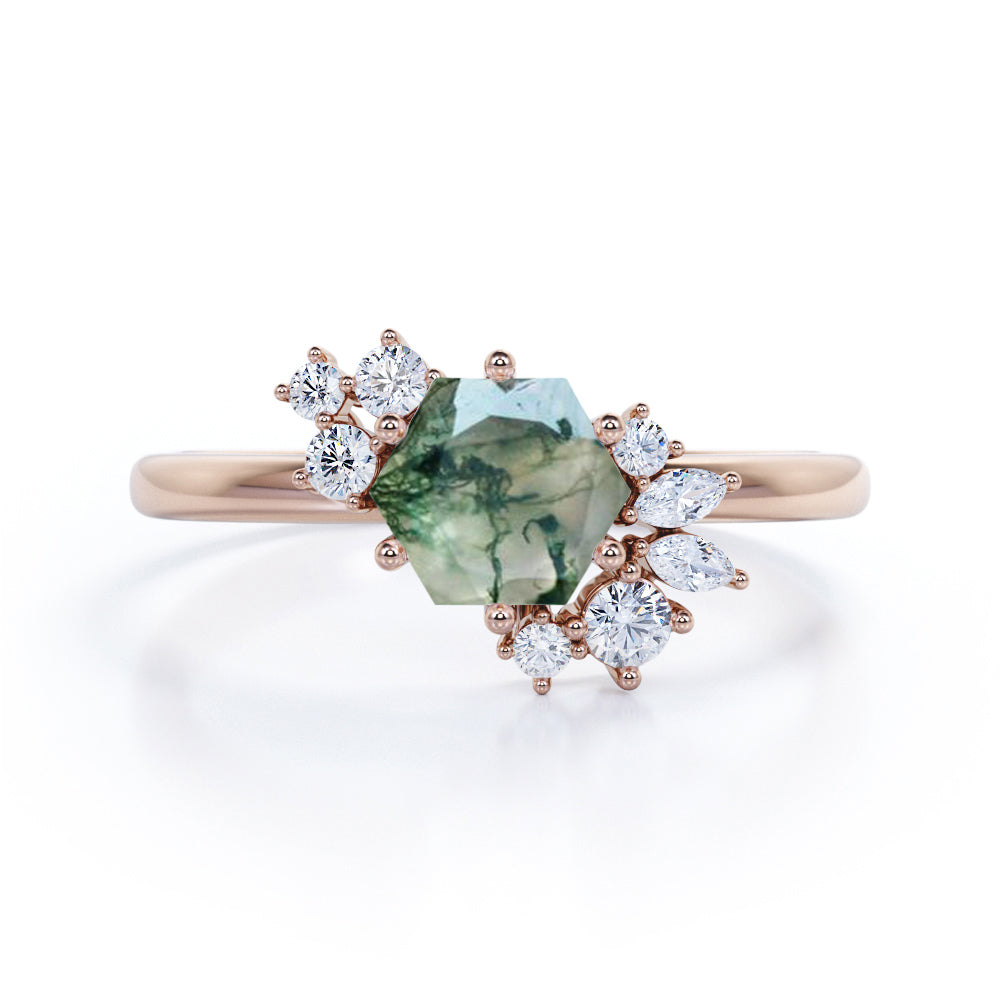 Clustered 0.6 Carat Hexagon Moss Agate Engagement Ring