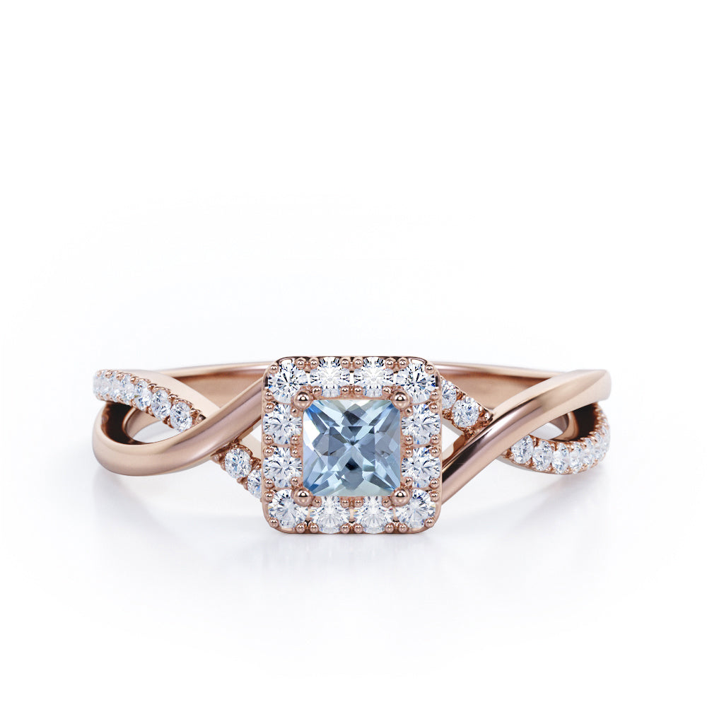 1.25 Carat Princess Cut Aquamarine - Half Crossover Pave - Halo Engagement Ring in White Gold