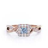 1.25 Carat Princess Cut Aquamarine - Half Crossover Pave - Halo Engagement Ring in White Gold