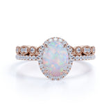 Vintage 1.50 ct Oval Cut Black Opal and Moissanite Wedding Ring Set in 18K Rose Gold over Silver