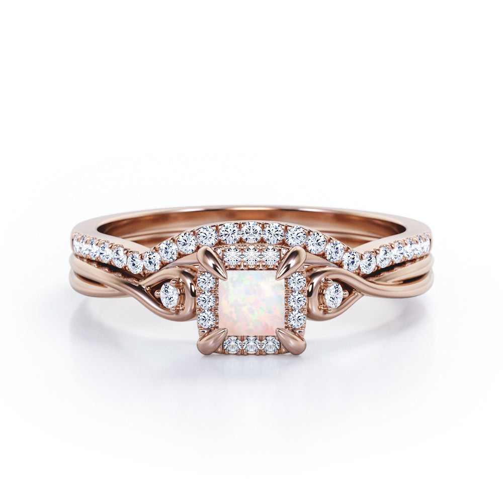 Cushion Halo Prong - 0.85 TCW Princess Cut Opal and Moissanite - Infinity Split Shank Wedding Ring Set -  White Gold