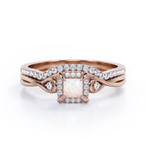 Cushion Halo Prong - 0.85 TCW Princess Cut Opal and Moissanite - Infinity Split Shank Wedding Ring Set -  White Gold