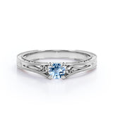 Dainty Solitaire 0.5 Carat Round Cut Real Aqua Sky Blue Aquamarine Filigree Engagement Ring