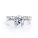 1.5 Carat Cushion Cut Moissanite And Diamond Halo Bridal Set In White Gold