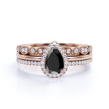 Bestselling 1.75 Carat Pear cut Trio Wedding Ring Set with Lab Black Diamond on Rose Gold for Her