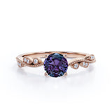 Simple Solitaire 1.25 Carat Round Cut Simulated Purple Alexandrite and Diamond Milgrain Art Deco in White Gold for Her