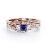 3 Stone Shared Prong - 1 TCW Princess Cut Blue Sapphire and Moissanite - Pave Curved Shank Wedding Set - Rose Gold