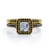 Art-Deco Pave Accented 1.7 TCW Princess Cut Moissanite with Lab Created Black Diamond Double Halo Bridal Ring Set in White Gold