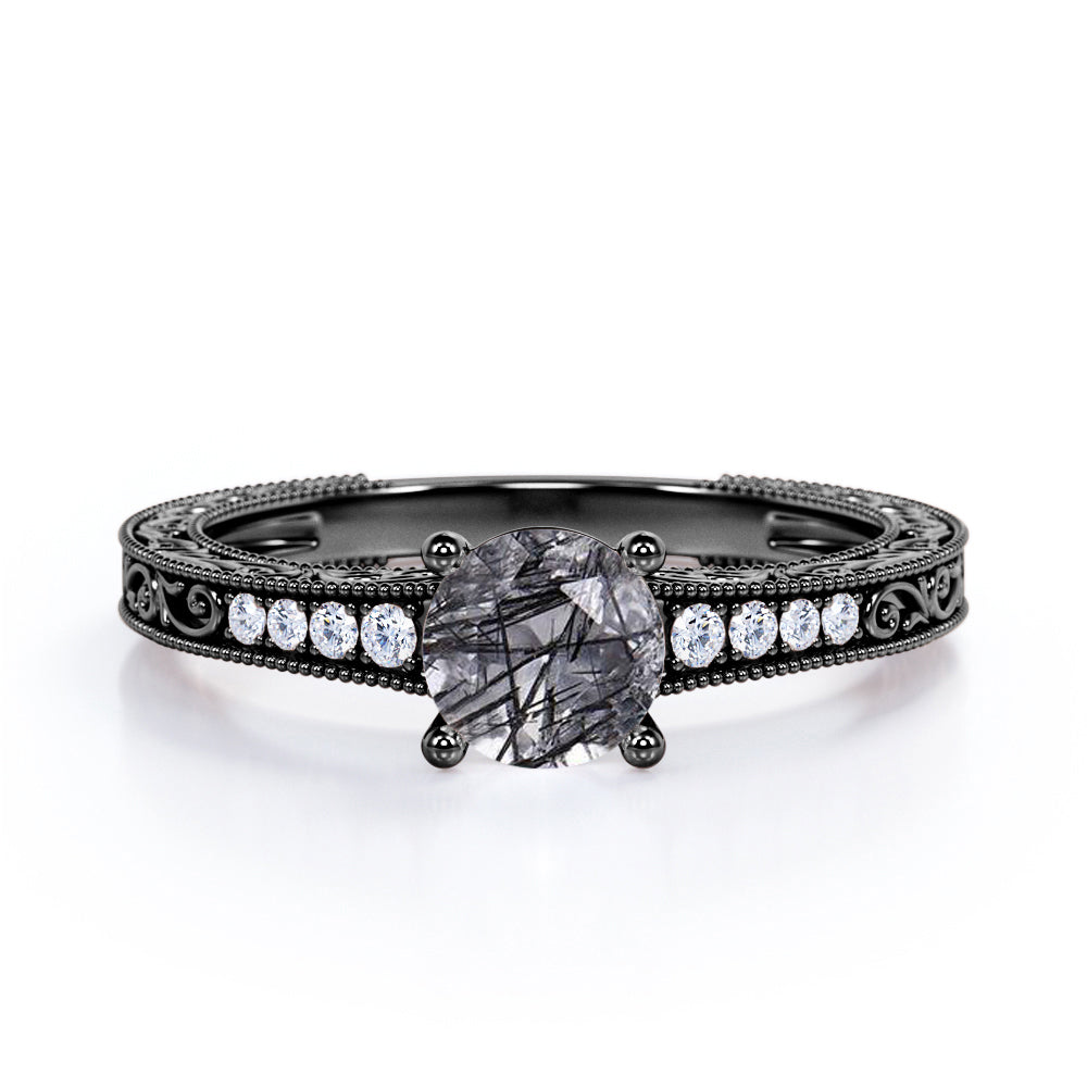 Vintage 4 Prong 1.25 Carat Round Cut Druzy Black Rutilated Quartz And Diamond Art Deco Style Engagement Ring In White Gold