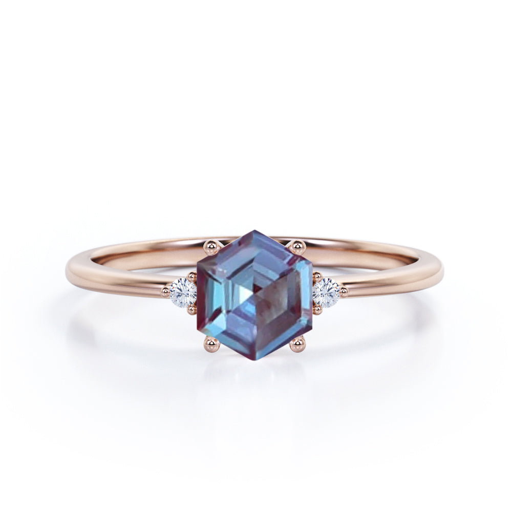 Trillion Geometric 1.05 Carat Hexagon Cut Lab Created Alexandrite And Diamond Three Stone Engagement Ring In White Gold