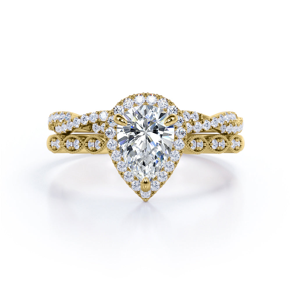 Art Deco 1.5 Carat Pear Cut Moissanite Wedding Ring Set