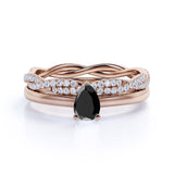Antique Vintage 1.50 Carat Pear cut Lab Black Diamond Halo Wedding Ring Set for Women in Rose Gold