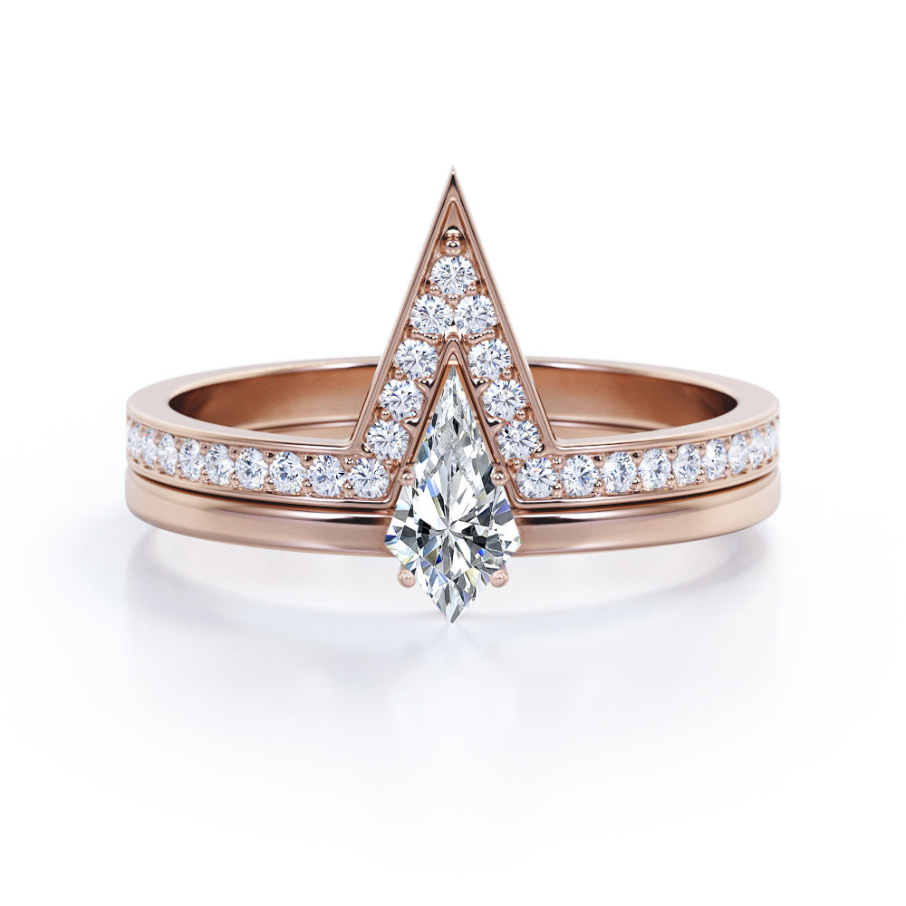 Classy Minimalist 0.7 carat Kite Shape Moissanite and Diamond Bridal Ring Set in Black Gold