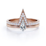 Classy Minimalist 0.7 carat Kite Shape Moissanite and Diamond Bridal Ring Set in Black Gold