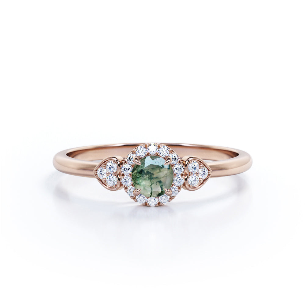 Double Hearts 0.7 carat Round Moss Agate and Moissanite Halo Engagement Ring in White Gold