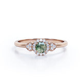 Double Hearts 0.7 carat Round Moss Agate and Moissanite Halo Engagement Ring in White Gold