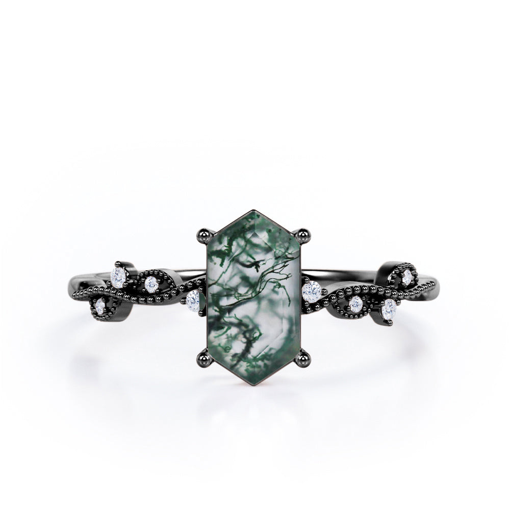 Vintage Wavy Milgrain 0.5 carat Hexagon Moss Green Agate and Diamonds Engagement Ring in Rose Gold