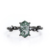 Vintage Wavy Milgrain 0.5 carat Hexagon Moss Green Agate and Diamonds Engagement Ring in Rose Gold