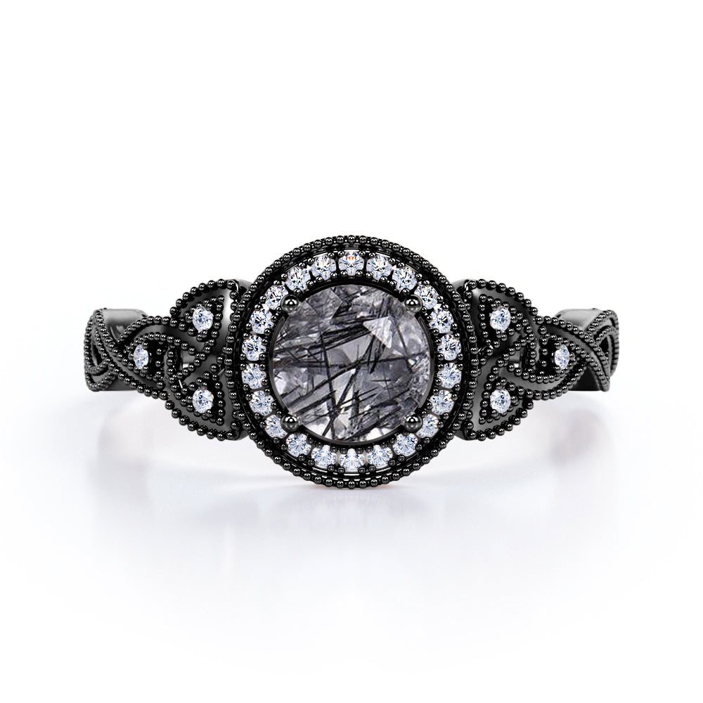 Intertwined 1.35 Carat Infinity Round Cut Natural Black Rutilated Quartz And Diamond Vintage Milgrain Halo Engagement Ring In White Gold For Her
