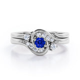 6 Prong Tension Design - 0.55 TCW Round Shaped Blue Sapphire and Moissanite - Flush Chanel Wedding Ring Set - White Gold