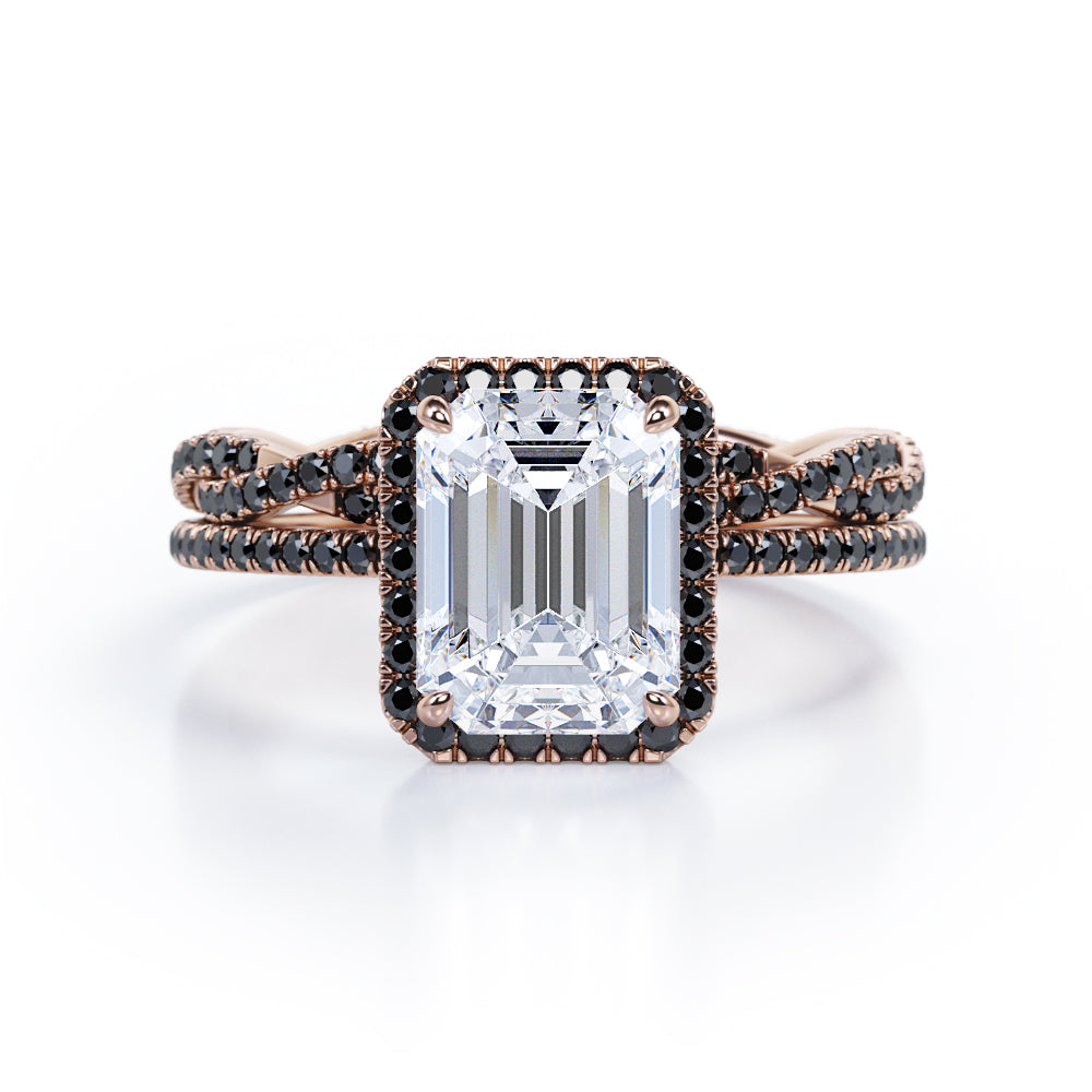 Crossover with Pave Accents - 1.75 TCW Emerald Cut Moissanite with Lab Created Black Diamond - Halo Bridal Ring Set in White Gold