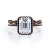 Crossover with Pave Accents - 1.75 TCW Emerald Cut Moissanite with Lab Created Black Diamond - Halo Bridal Ring Set in White Gold