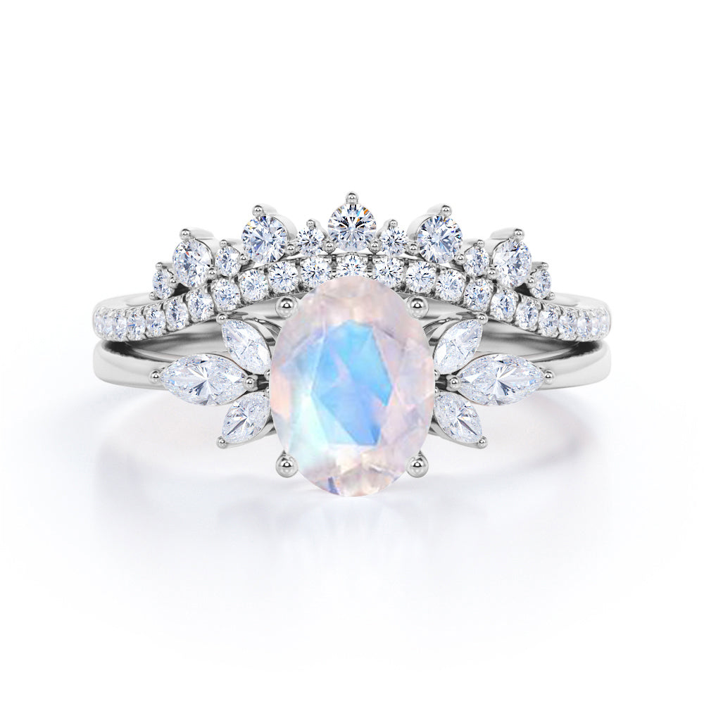 Classic Crown 1 carat Oval Moonstone and Moissanite Bridal set in Black Gold