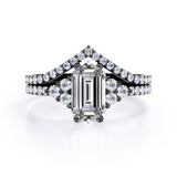 Elegant Clustered 1.1 carat Hexagon Moissanite and Diamond Bridal Ring Set in Black Gold