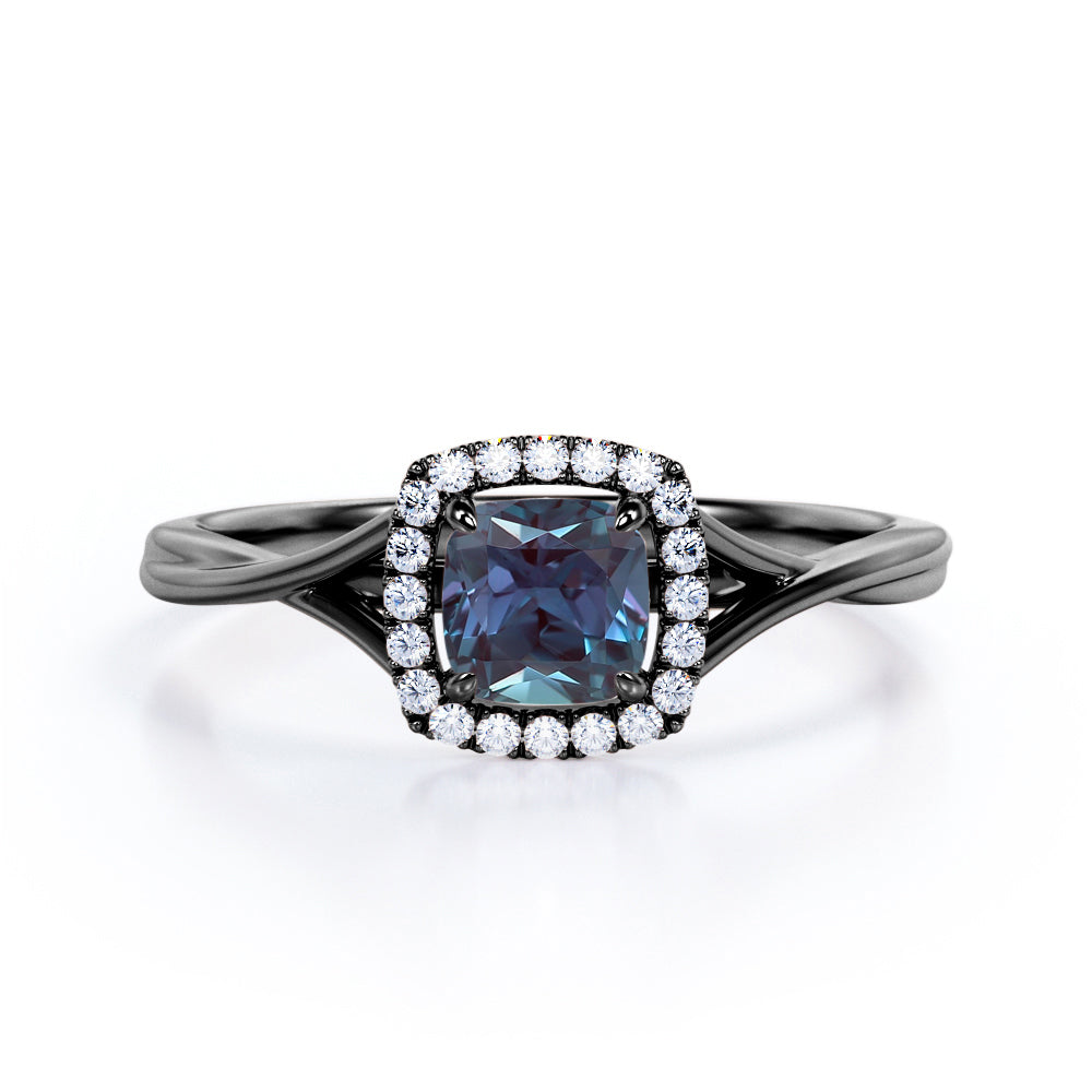 Unique 1.25 Carat Cushion Cut Lab Created Alexandrite And Diamond Split Shank Engagement Ring In White Gold
